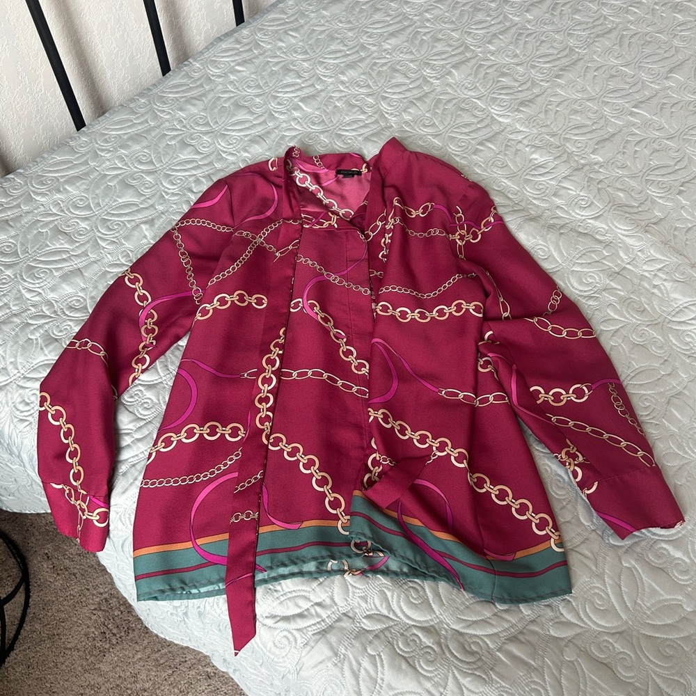 Ann Taylor Red and Green Blouse with Chain Print